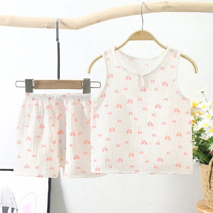 Summer New Gauze Cotton Boys And Girls Tank Tops + Shorts Suit Korean Children's Baby Home Clothes Infant 2pcs Sets