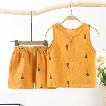 Summer New Gauze Cotton Boys And Girls Tank Tops + Shorts Suit Korean Children's Baby Home Clothes Infant 2pcs Sets