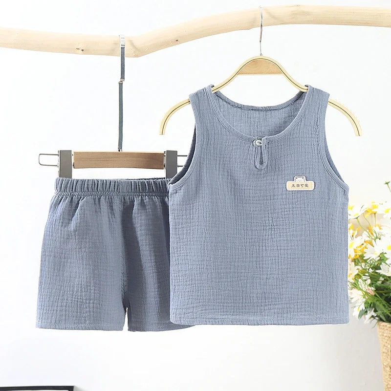 Summer New Gauze Cotton Boys And Girls Tank Tops + Shorts Suit Korean Children's Baby Home Clothes Infant 2pcs Sets