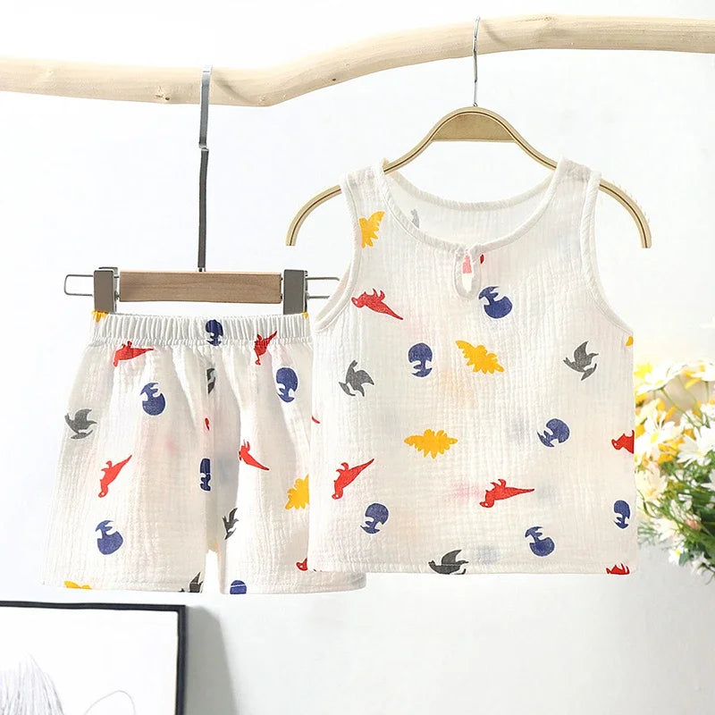 Summer New Gauze Cotton Boys And Girls Tank Tops + Shorts Suit Korean Children's Baby Home Clothes Infant 2pcs Sets