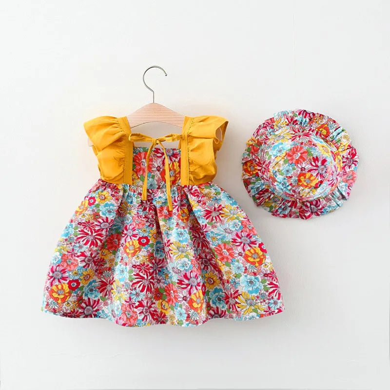 Summer New Girl Baby Strap Dress Fragmented Flower Children's Sleeveless Princess Dress 0-3 Year Old Newborn Comes with Hat Leedoar