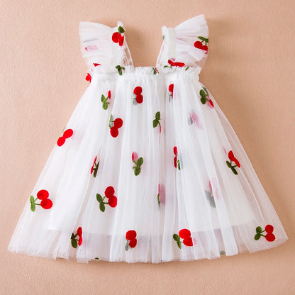 Summer New Girls' Little Flying Sleeve Dress Children's Bow Strawberry Embroidery Mesh Princess Dress Baby Girl Dress for 1-5Yrs Leedoar