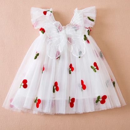 Summer New Girls' Little Flying Sleeve Dress Children's Bow Strawberry Embroidery Mesh Princess Dress Baby Girl Dress for 1-5Yrs Leedoar