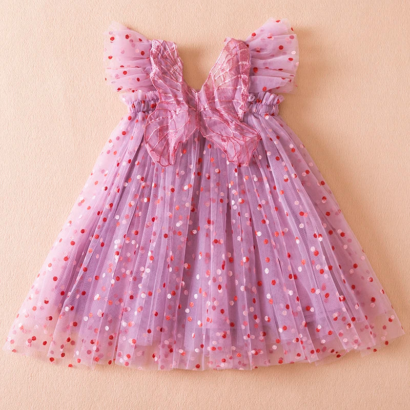 Summer New Girls' Little Flying Sleeve Dress Children's Bow Strawberry Embroidery Mesh Princess Dress Baby Girl Dress for 1-5Yrs Leedoar