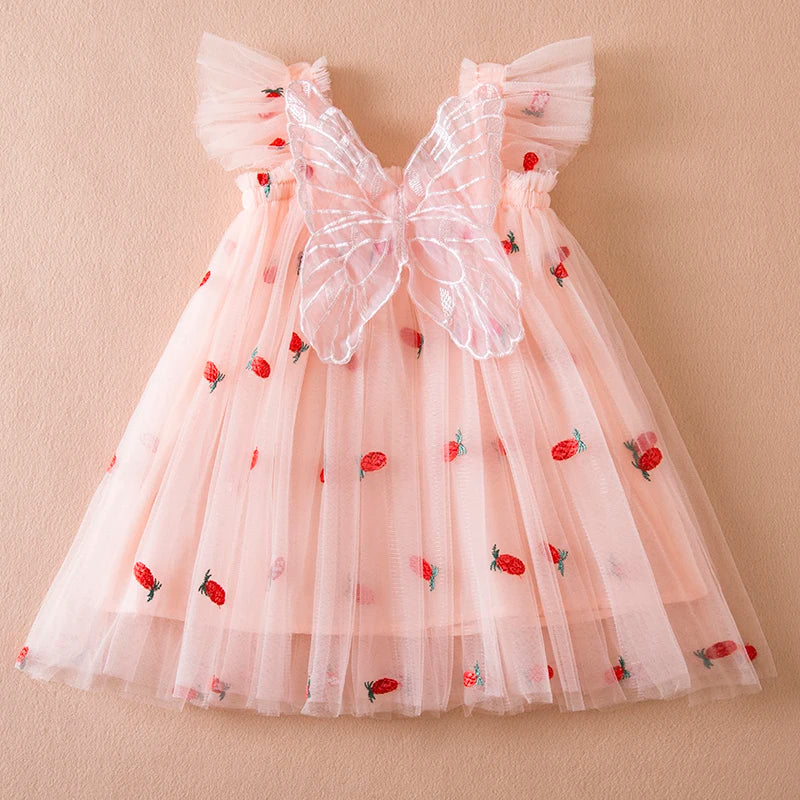 Summer New Girls' Little Flying Sleeve Dress Children's Bow Strawberry Embroidery Mesh Princess Dress Baby Girl Dress for 1-5Yrs Leedoar