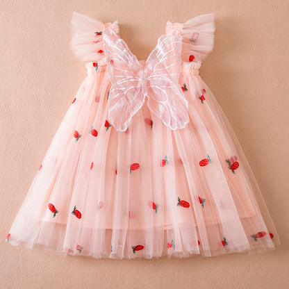 Summer New Girls' Little Flying Sleeve Dress Children's Bow Strawberry Embroidery Mesh Princess Dress Baby Girl Dress for 1-5Yrs Leedoar