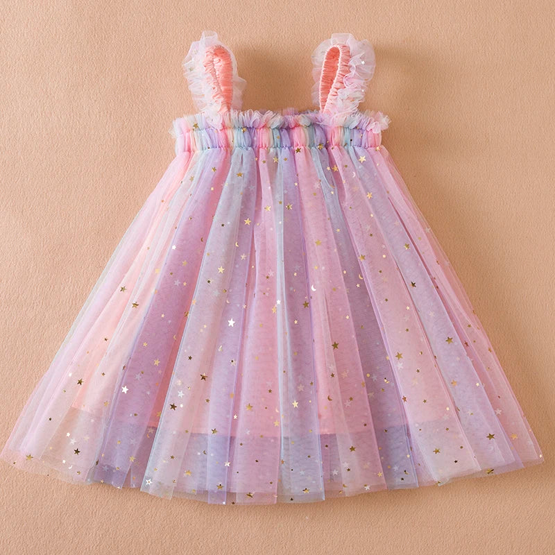 Summer New Girls' Little Flying Sleeve Dress Children's Bow Strawberry Embroidery Mesh Princess Dress Baby Girl Dress for 1-5Yrs Leedoar