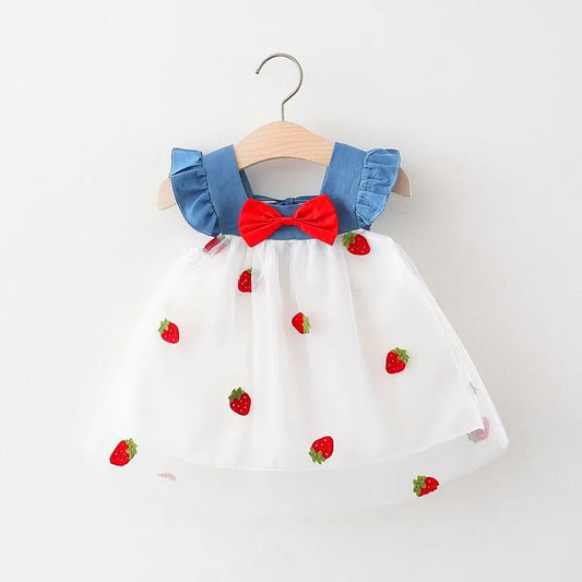 Summer New Girls' Little Flying Sleeve Dress Children's Bow Strawberry Embroidery Mesh Spliced Denim Princess Dress Leedoar