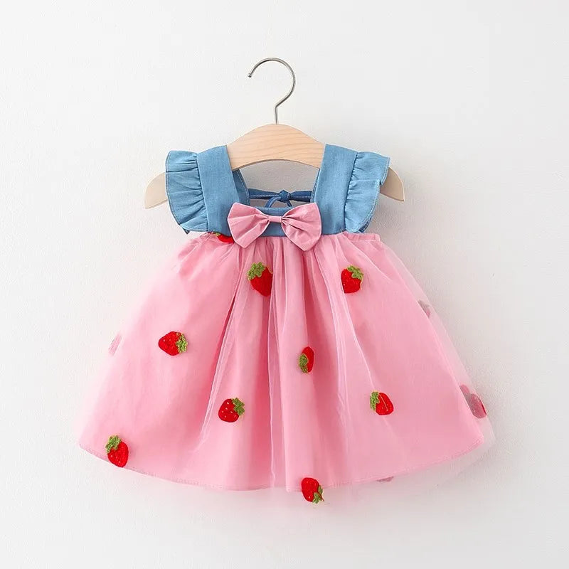 Summer New Girls' Little Flying Sleeve Dress Children's Bow Strawberry Embroidery Mesh Spliced Denim Princess Dress Leedoar