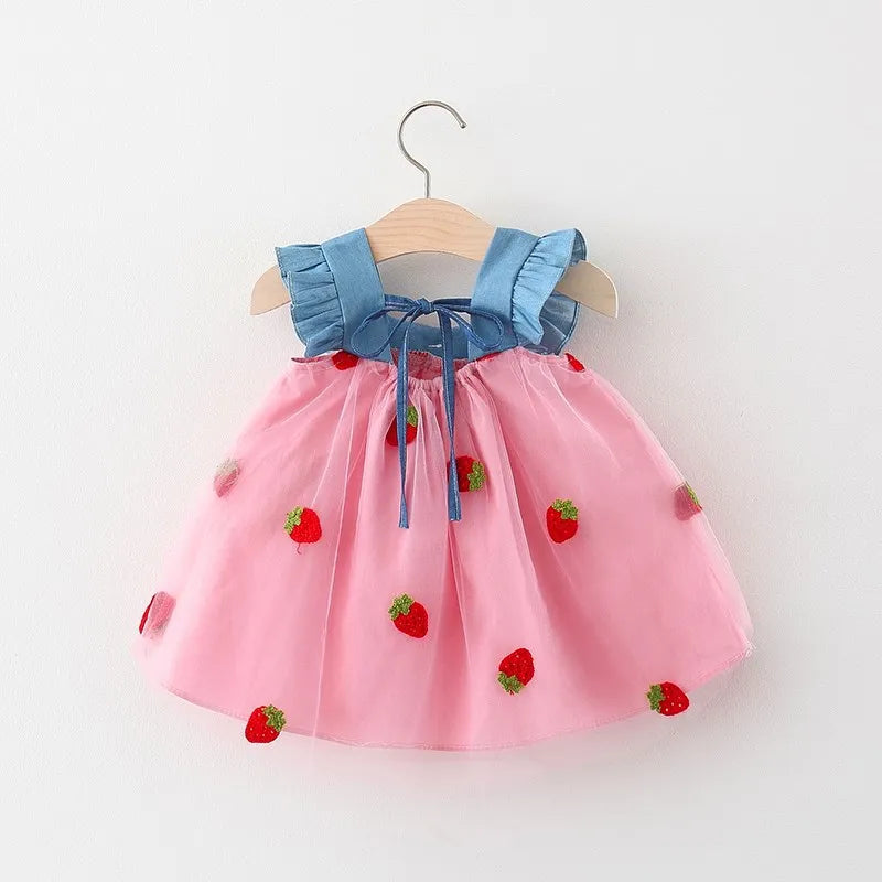 Summer New Girls' Little Flying Sleeve Dress Children's Bow Strawberry Embroidery Mesh Spliced Denim Princess Dress Leedoar