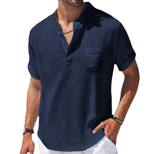 Camisas de algodón y lino nuevas de verano para hombre, camisetas de manga corta con cuello Henry, camisetas casuales para hombre, camisas, ropa para hombre 