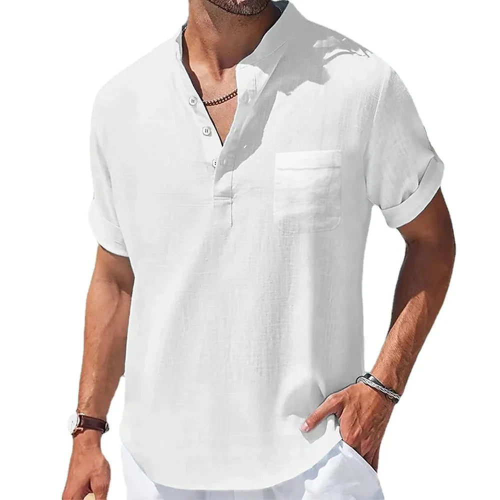 Summer New Men's Cotton and Linen Shirts Short-Sleeved T-shirt Henry Collar Casual Men's T-shirts Shirt Male Men Clothing Leedoar