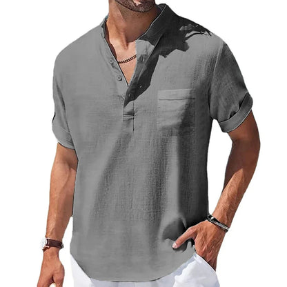 Summer New Men's Cotton and Linen Shirts Short-Sleeved T-shirt Henry Collar Casual Men's T-shirts Shirt Male Men Clothing Leedoar