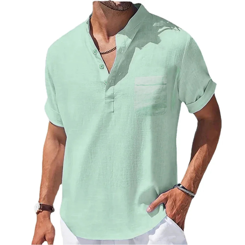 Summer New Men's Cotton and Linen Shirts Short-Sleeved T-shirt Henry Collar Casual Men's T-shirts Shirt Male Men Clothing Leedoar