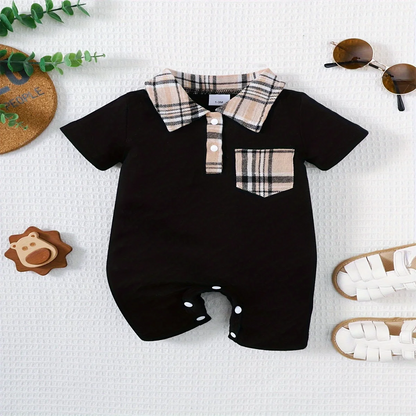 Summer Newborn Infant Baby 0-1 Years Old Boys Lapel Grid Splicing Short Sleeve Onepiece Rompers Leedoar