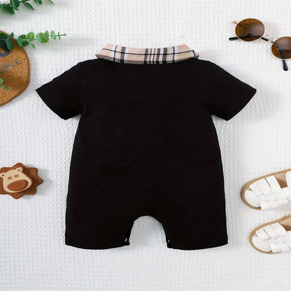 Summer Newborn Infant Baby 0-1 Years Old Boys Lapel Grid Splicing Short Sleeve Onepiece Rompers Leedoar