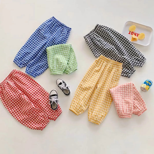 Summer Plaid Mosquito Proof Pants Outdoor Wear Baby Girls New Style Fashion Casual Loose Harlan Pants Children Thin Trousers Leedoar