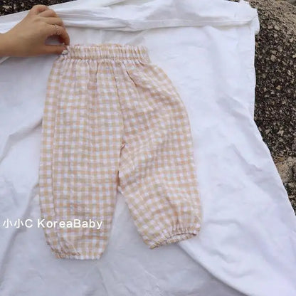 Summer Plaid Mosquito Proof Pants Outdoor Wear Baby Girls New Style Fashion Casual Loose Harlan Pants Children Thin Trousers Leedoar