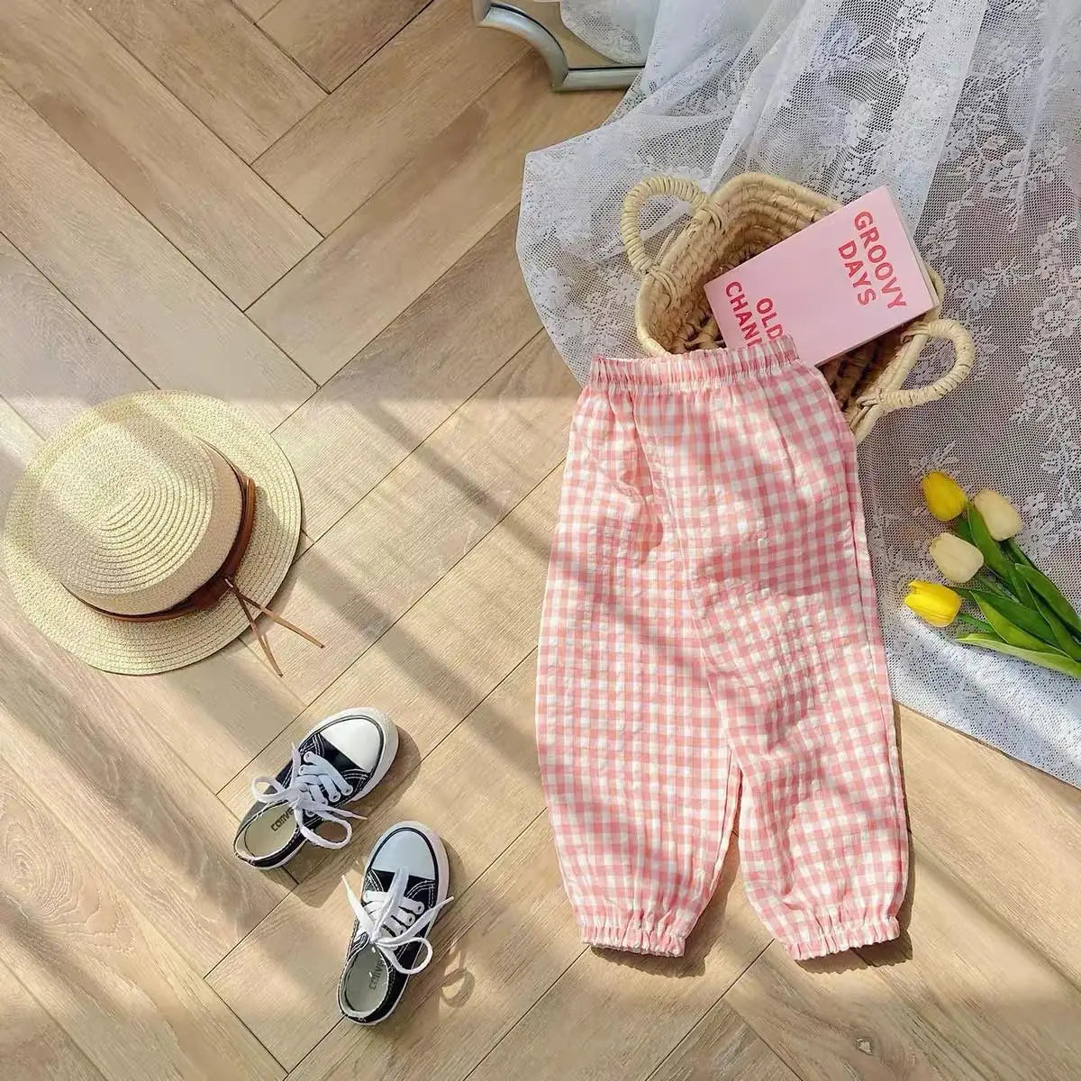 Summer Plaid Mosquito Proof Pants Outdoor Wear Baby Girls New Style Fashion Casual Loose Harlan Pants Children Thin Trousers Leedoar