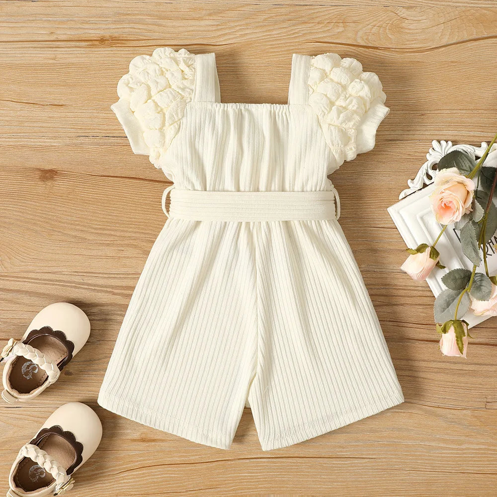 Summer Small Square Neck Puff Sleeve Belt Jumpsuit For Baby Girls Leedoar