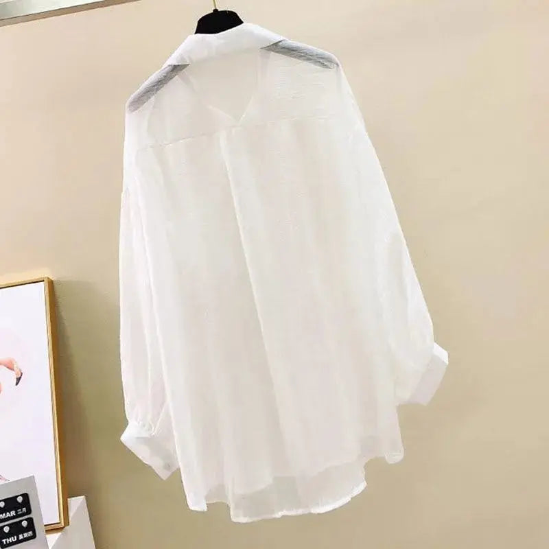 Blusa elegante de gasa fina con protección solar para verano, estilo Harajuku coreano, transparente, holgada, informal, tipo cárdigan para mujer 