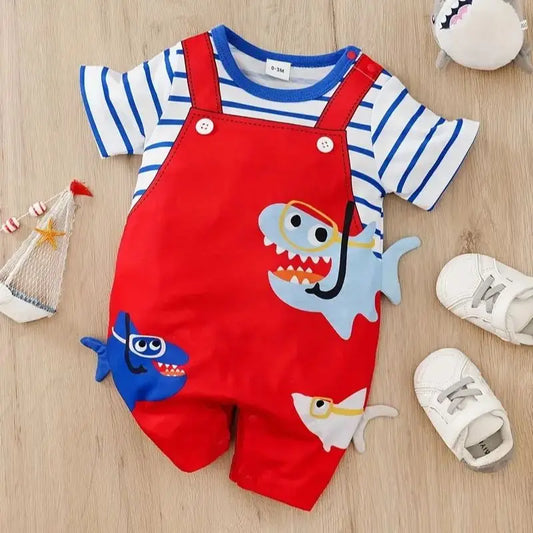 Summer fashion baby jumpsuit short sleeved fake two-piece shark baby boy and girl jumpsuit Leedoar