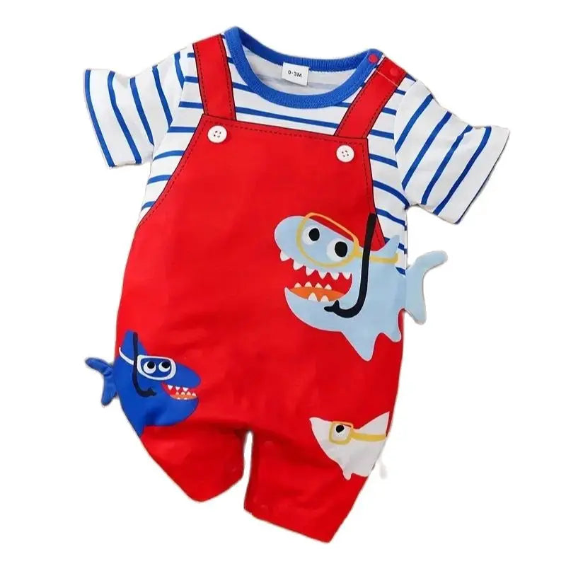 Summer fashion baby jumpsuit short sleeved fake two-piece shark baby boy and girl jumpsuit Leedoar