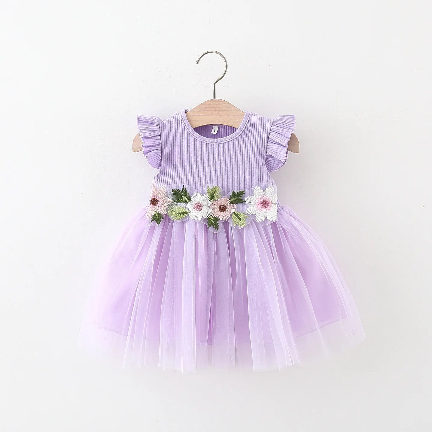 Summer girls dress baby girl waist flower embroidery patchwork mesh small flying sleeve princess dress Leedoar