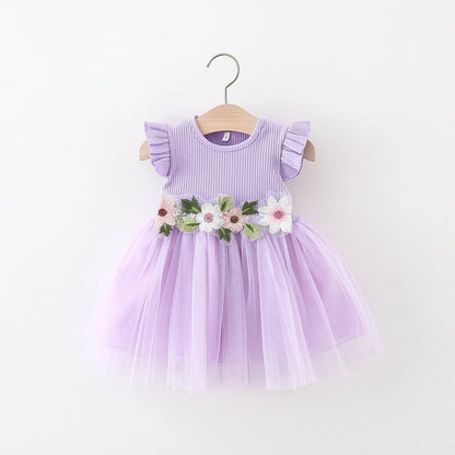 Summer girls dress baby girl waist flower embroidery patchwork mesh small flying sleeve princess dress Leedoar