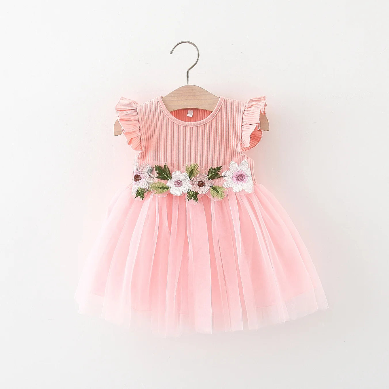 Summer girls dress baby girl waist flower embroidery patchwork mesh small flying sleeve princess dress Leedoar