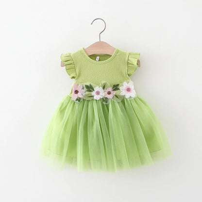 Summer girls dress baby girl waist flower embroidery patchwork mesh small flying sleeve princess dress Leedoar