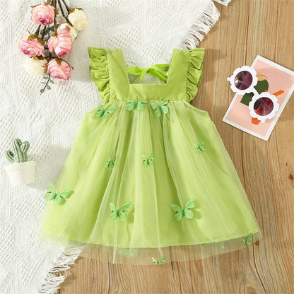 Sweet Beauty Children'S Dress 2023 Summer New Solid Color 3d Butterfly Embroidery Mesh Flying Sleeves Daily Knee Length 0-3 Year Leedoar