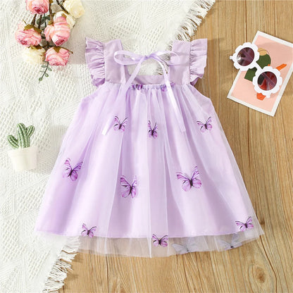 Sweet Beauty Children'S Dress 2023 Summer New Solid Color 3d Butterfly Embroidery Mesh Flying Sleeves Daily Knee Length 0-3 Year Leedoar