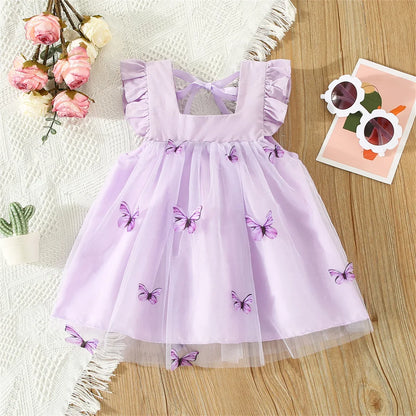 Sweet Beauty Children'S Dress 2023 Summer New Solid Color 3d Butterfly Embroidery Mesh Flying Sleeves Daily Knee Length 0-3 Year Leedoar