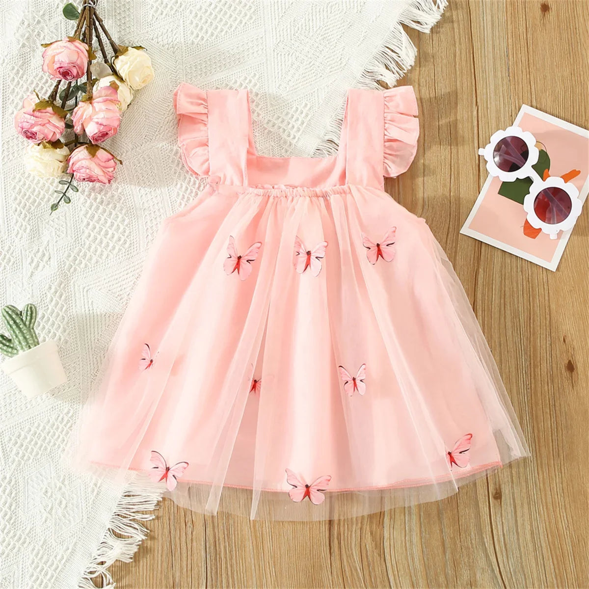 Sweet Beauty Children'S Dress 2023 Summer New Solid Color 3d Butterfly Embroidery Mesh Flying Sleeves Daily Knee Length 0-3 Year Leedoar