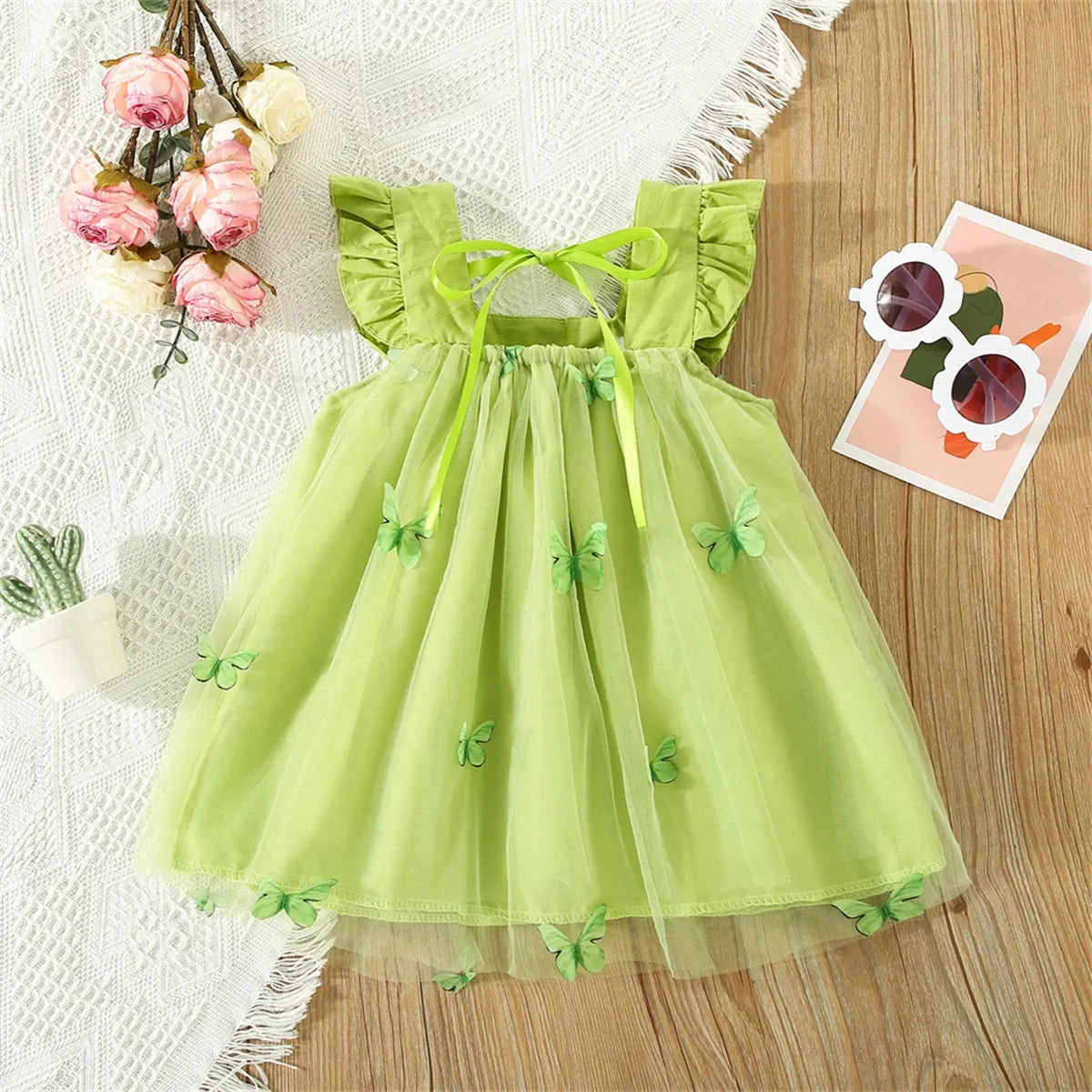 Sweet Beauty Children'S Dress 2023 Summer New Solid Color 3d Butterfly Embroidery Mesh Flying Sleeves Daily Knee Length 0-3 Year Leedoar