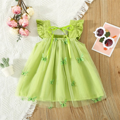 Sweet Beauty Children'S Dress 2023 Summer New Solid Color 3d Butterfly Embroidery Mesh Flying Sleeves Daily Knee Length 0-3 Year Leedoar