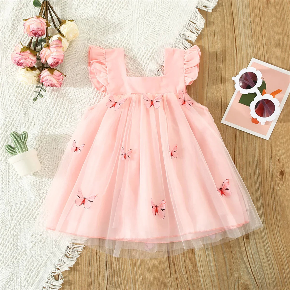 Sweet Beauty Children'S Dress 2023 Summer New Solid Color 3d Butterfly Embroidery Mesh Flying Sleeves Daily Knee Length 0-3 Year Leedoar