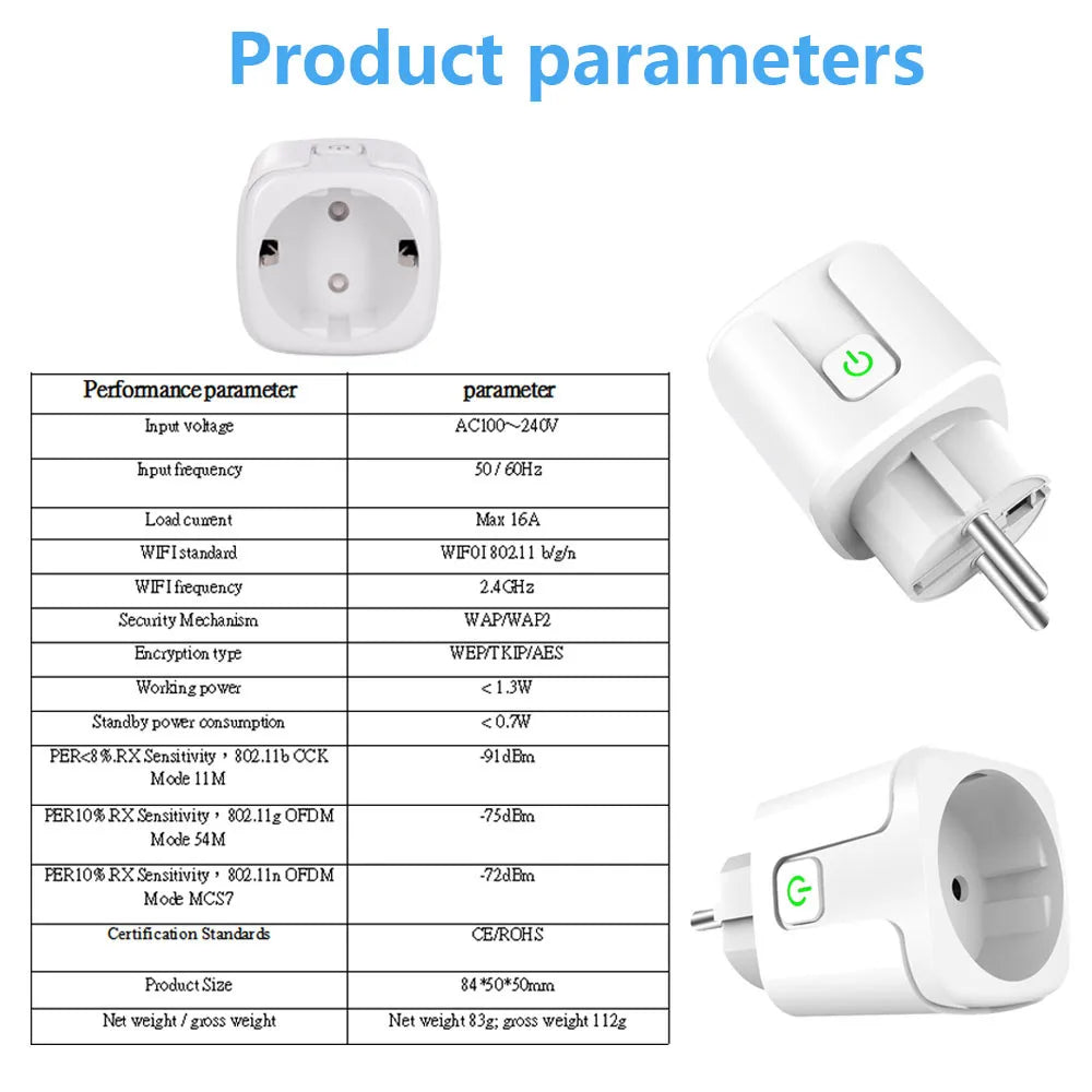 Szaoju Tuya Smart Socket 16A/20A EU WiFi Plug Wireless Remote Outlet Timing Function Voice Control Google Assistant Alexa Alice Leedoar