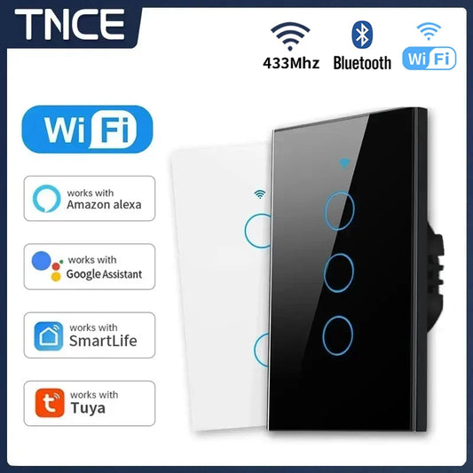 TNCE Tuya US WiFi+Bluetooth Interruptor de parede inteligente 1/2/3/4 fios de toque Sensor LED Interruptores de luz Casa inteligente Alexa Google Home 