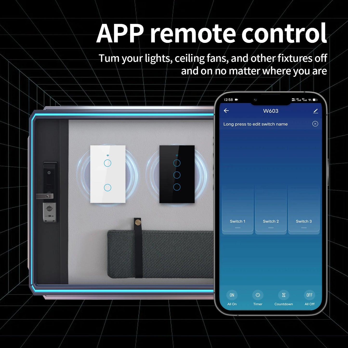 TNCE Tuya US WiFi+Bluetooth Interruptor de parede inteligente 1/2/3/4 fios de toque Sensor LED Interruptores de luz Casa inteligente Alexa Google Home 