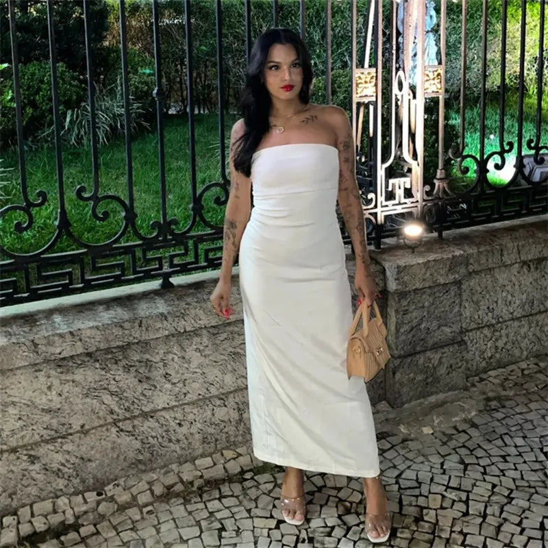 TRAF Off Shoulder Long Dress Woman 2024 Black Sleeveless Bodycon Dress Women White Sexy Summer Dresses Ruched Party Dresses Leedoar