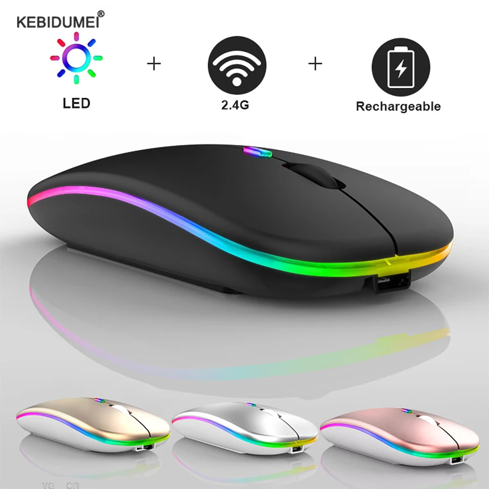 Ratón inalámbrico Bluetooth para tableta, teléfono, computadora, recargable, luminoso, 2,4 G, USB, portátil, para gamers 