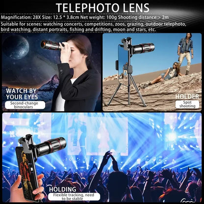 Telephoto Lens 28X HD Phone Camera Lens Telescope Zoom Macro Lens for Iphone Samsung Smartphone Fish Eye Lente Para Celular Leedoar