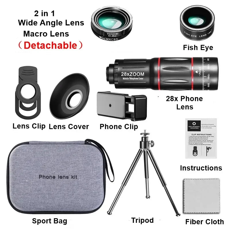 Telephoto Lens 28X HD Phone Camera Lens Telescope Zoom Macro Lens for Iphone Samsung Smartphone Fish Eye Lente Para Celular Leedoar