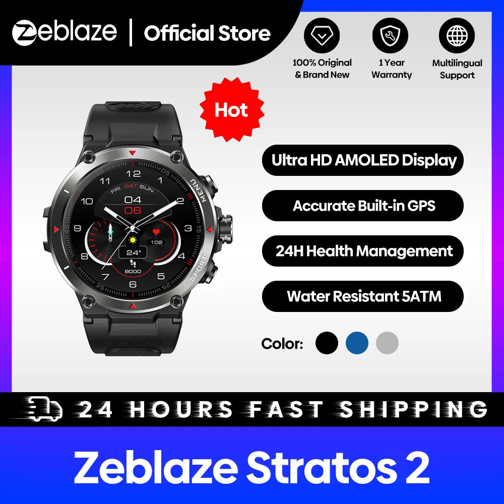 [The New 2022] Zeblaze Stratos 2 GPS Smart Watch AMOLED Display 24h Health Monitor Long Battery Life Smartwatch for Men Leedoar