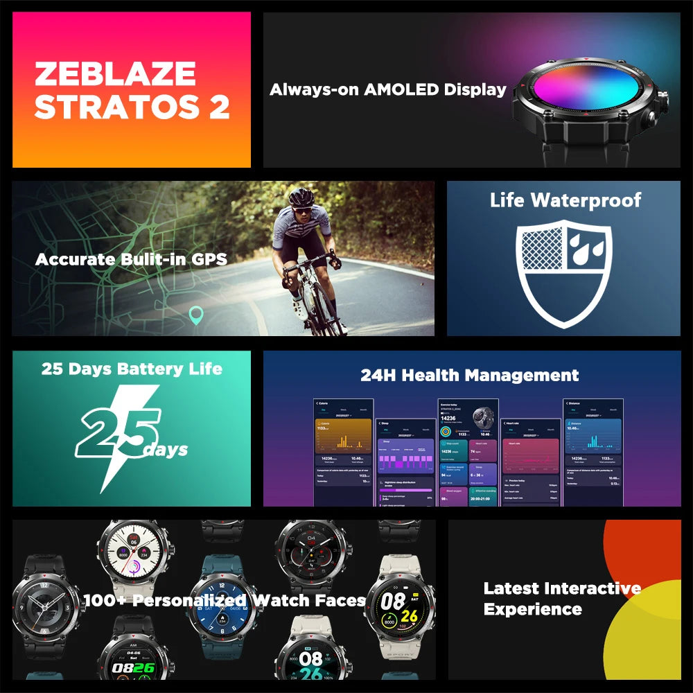 [The New 2022] Zeblaze Stratos 2 GPS Smart Watch AMOLED Display 24h Health Monitor Long Battery Life Smartwatch for Men Leedoar