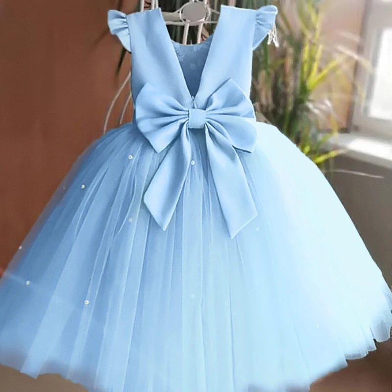 Toddler Girl Flower Birthday Tulle Dress Backless Bow Wedding Gown Kids Party Wear Princess Blue Dress Baby Girl Bowknot Dresses Leedoar