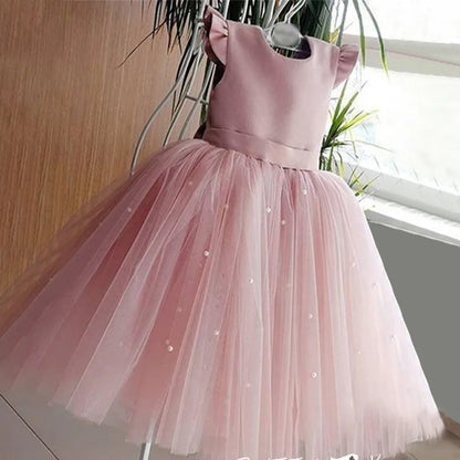 Toddler Girl Flower Birthday Tulle Dress Backless Bow Wedding Gown Kids Party Wear Princess Blue Dress Baby Girl Bowknot Dresses Leedoar