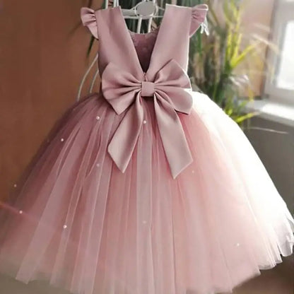 Toddler Girl Flower Birthday Tulle Dress Backless Bow Wedding Gown Kids Party Wear Princess Blue Dress Baby Girl Bowknot Dresses Leedoar